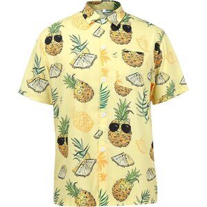 Men Yellow Hawaiian Shirt Pineapple Print Short Sleeve Button Up Casual Top